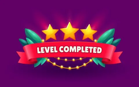 Game interface, level completed stars and ribbon Illustrazione stock