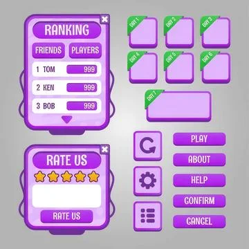 Game interface with ranking, rating, and menu buttons in purple Illustrazione stock