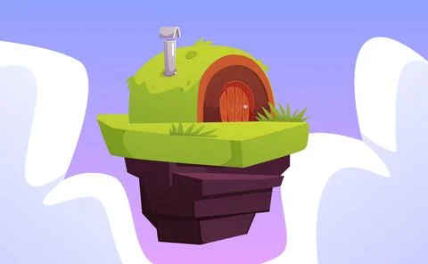 Game island with hut in the sky, vector cartoon cute small fairy tale village Illustrazione stock
