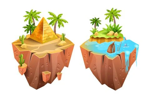 Game island, vector isometric 3D floating land, jungle palm, Egypt desert Stockillustratie