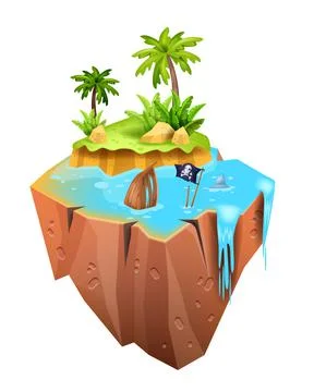 Game island, vector isometric 3D floating land, jungle palm イラスト素材