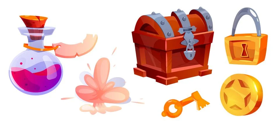Game Items and Objects with Chest, Key, Coin, Lock and Potion Jar Vector Set イラスト素材