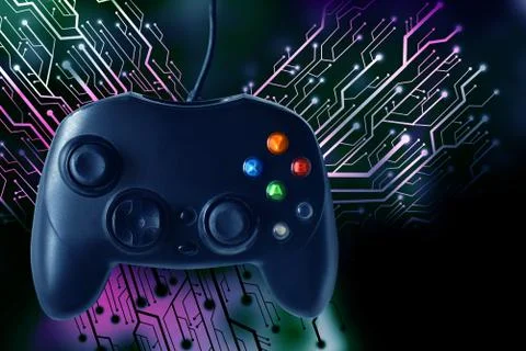 Game joystick controller with circuit board graphic background Stock Photos
