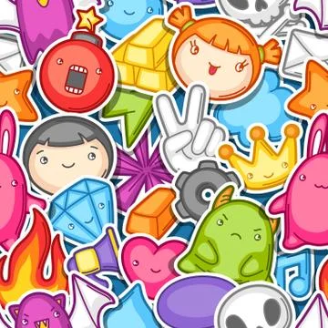 Game kawaii seamless pattern. Cute gaming design elements, objects and symbols イラスト素材