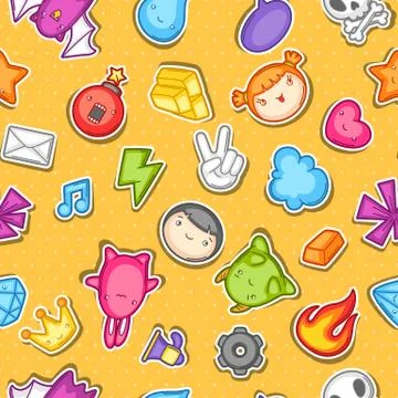 Game kawaii seamless pattern. Cute gaming design elements, objects and symbols 스톡 일러스트
