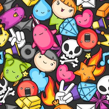 Game kawaii seamless pattern. Cute gaming design elements, objects and symbols イラスト素材
