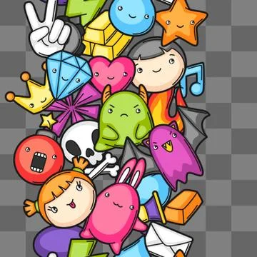 Game kawaii seamless pattern. Cute gaming design elements, objects and symbols Stock Illustration