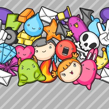 Game kawaii seamless pattern. Cute gaming design elements, objects and symbols Stock Illustration