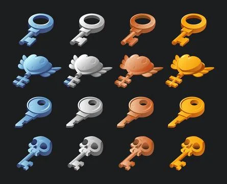 Game key different shapes and materials, fairy tale magic game ui element Illustrazione stock