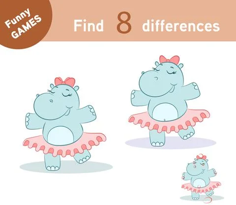 Game for kids to find differences funny animal. Hand drawn line cute hippo Stock Illustration