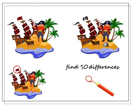 A game for kids find the differences, pirates and a pirate ship on the isla.. Stock Illustration