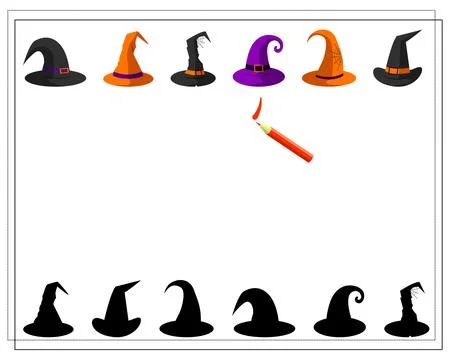 A game for kids where whose shadow, witch hats, halloween. vector isolated .. Illustrazione stock