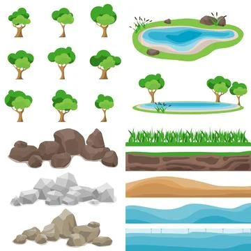 Game landscape constructor set with green trees stones rocks lakes Stock Illustration