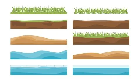 Game landscape ground layers set with grass soil sand and water isolated Stock Illustration