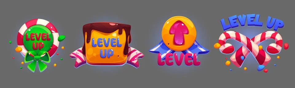 Game level up banners with candy design elements. イラスト素材
