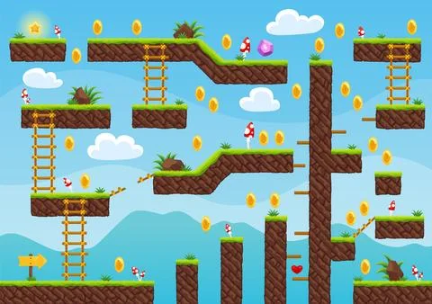 Game level map. Arcade 2d video game for old computer or console. Cartoon Stock Illustration