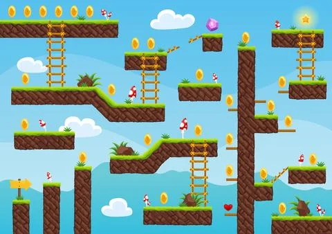 Game level map. Arcade 2d video game for old computer or console. Cartoon Stock Illustration