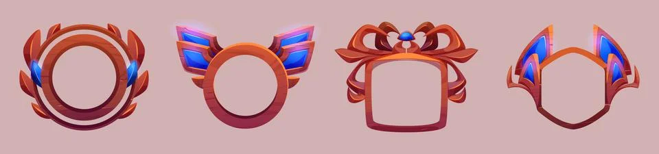 Game level or avatar frames, ui icons, buttons set Stock Illustration