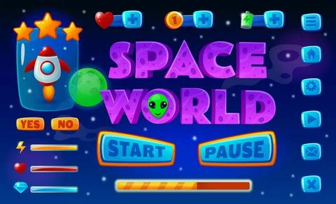 Game level UI. Complete interface. Space world. Cartoon award icons. Galaxy Stock Illustration