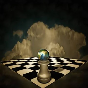 Game of life Surreal composition. Chessboard and figure with planet Earth ... Stock Photos