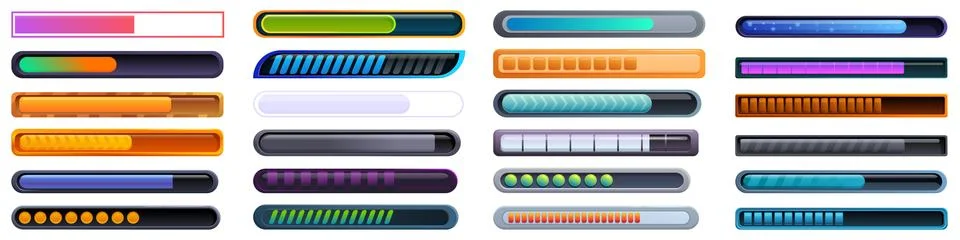 Game loading icons set. Loading bars showing progress status for websites a.. Stock Illustration