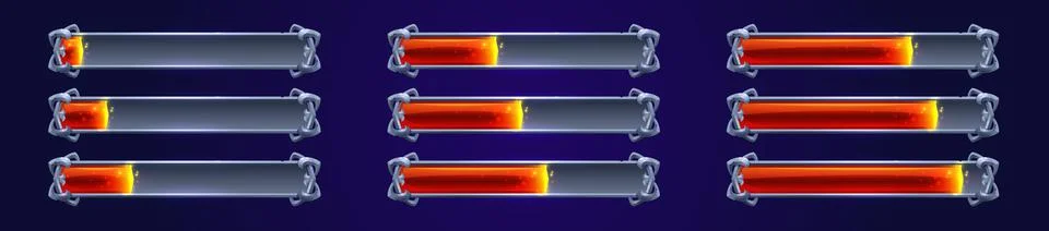 Game loading progress bars with glowing red lava Illustrazione stock