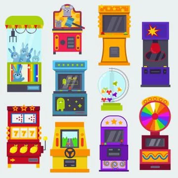 Game machine vector arcade gambling games in casino where gamesome gambler or Illustration