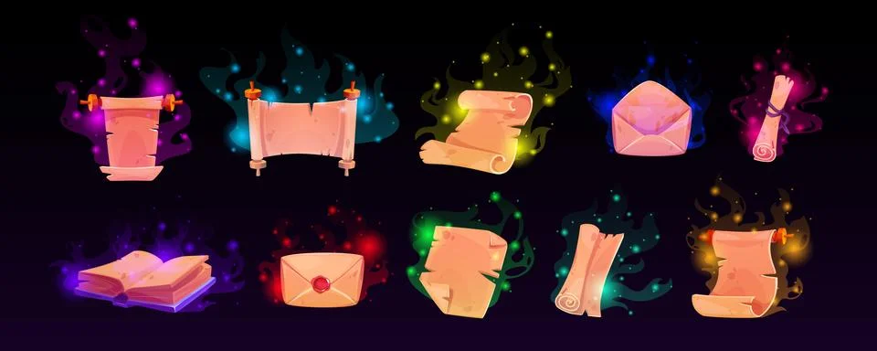 Game magic scroll parchment, wizard book ui icon Stock Illustration