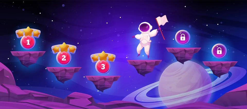 Game map. Astronaut progress level. Planet 2D background. UI computer space Stock Illustration