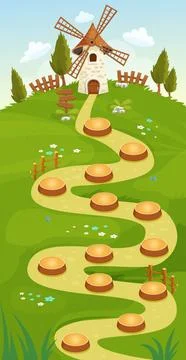 Game map forest gui background,windmill and fence template in cartoon style Illustrazione stock