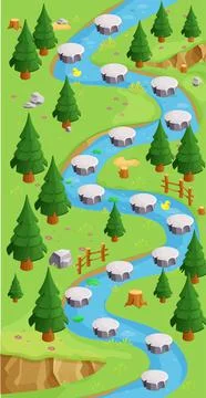 Game map forest river gui background, template in cartoon style, casual Stock Illustration