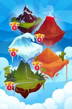 Game map island. Arcade interface. Gamers route. Mountain in sky cloud. Ice 库存插图