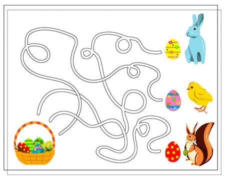The game is a maze, Easter eggs. Easter bunny, squirrel, chicken, Easter eg.. Stock Illustration