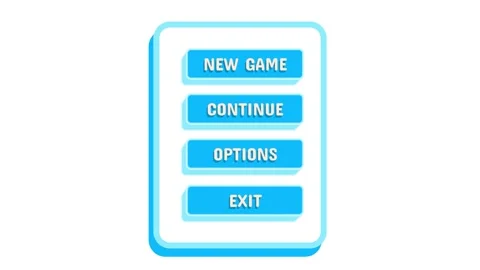GAME MENU 3D blue panel with New Game, Continue, Options, and Exit buttons .. Stock Footage 341492622
