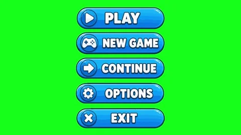 Game menu animated blue UI buttons with icons clicking sequence 4k chroma k.. Stock Footage 341906257