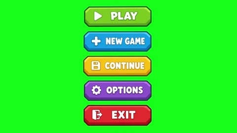 Game menu animated colorful octagon UI buttons list clicking sequence 4k ch.. Vídeos de archivo 341906252