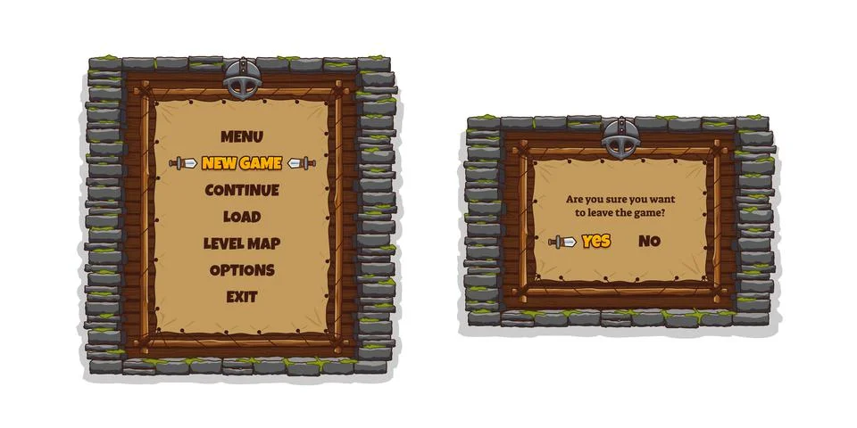Game menu frame with buttons, helmet, stone wall Stock Illustration