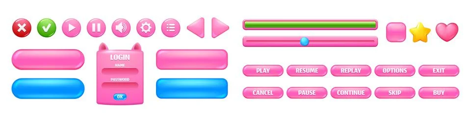 Game menu interface, pink and blue glossy buttons Stock Illustration