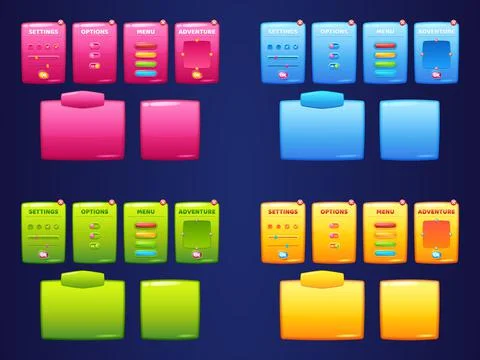 Game menu interface windows, cartoon options set Stock Illustration