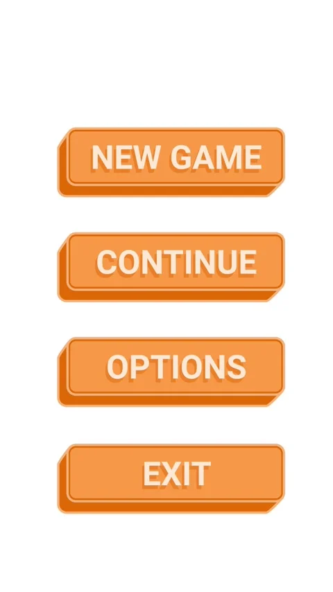 GAME MENU stacked 3D orange buttons with New Game, Continue, Options, and E.. Stock Footage 341492655