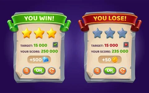 Game menu you win and lose ui panel with buttons Stock Illustration