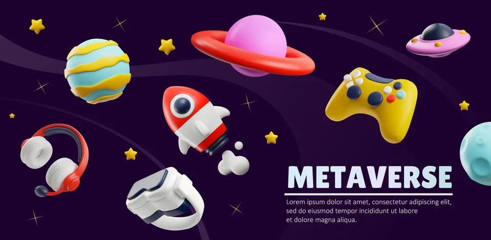 Game metaverse 3D vector banner, gaming joystick, vr glasses, headphones, rocket Stock Illustration