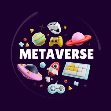 Game metaverse 3D vector poster, joystick, vr glasses, rocket and planets Stock Illustration