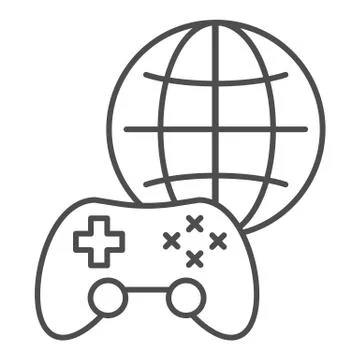 Game on network thin line icon. Game pad and globe vector illustration isolated Stock Illustration