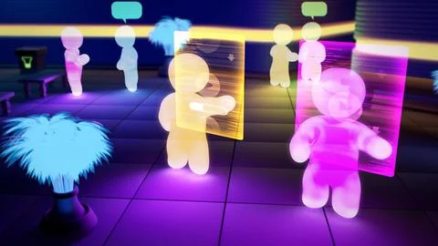 Game or metaverse avatars of users downloading or shopping videos online Stock Illustration