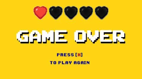 Game over 8-bit hearts five lives gone yel Stock Illustration