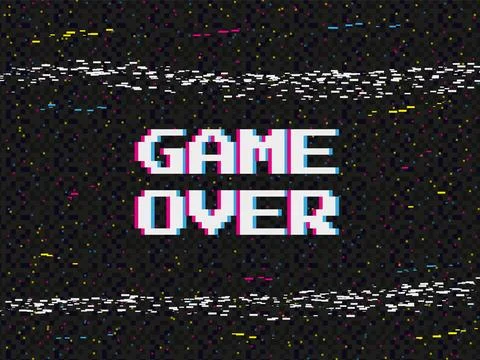 Game over background, glitch pixels device screen. Retro 90s, 80s video game Illustration