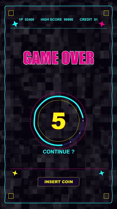Game over countdown screen motion graphic with pixel art and neon numbers Stock Footage 346738279