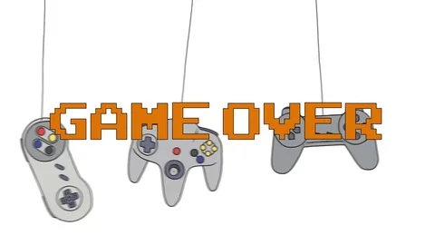GAME OVER on Different Joysticks Background Hanging on their Wire Stock Footage 72004051