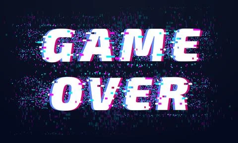 Game over. Games screen glitch, computer video gaming phrase and playing fi.. Illustrazione stock